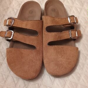 Women's Tan Suede Flats with Buckle Detail